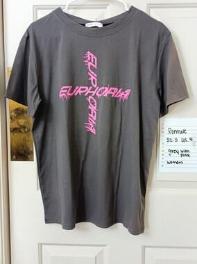 Romwe - Women's Gray Pink Euphoria Graphic Tee - Sz S - NWT